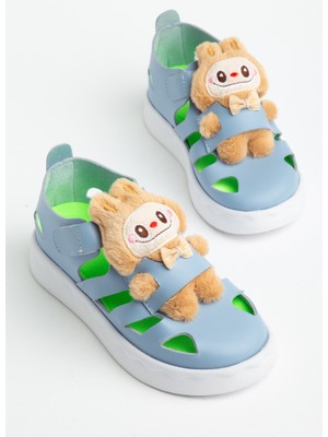 Tonny Black Çocuk Unisex Açık Mavi Hafif Taban Ayıcık Detaylı Cırtlı Sandalet