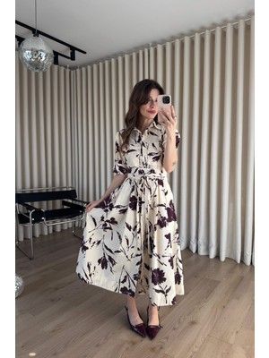Sue Store Taş Rengi Bordo Çiçek Desenli Balon Kol Korse Kemerli Gömlek Elbise