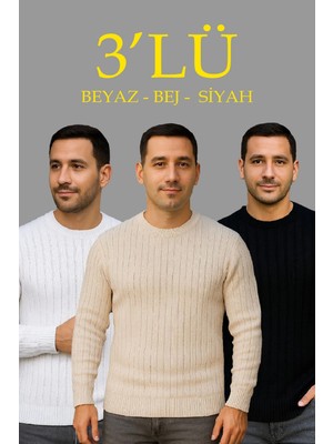 Alfanora Erkek Fitilli Triko Kazak 3’lü Set Bej Beyaz Siyah | Kalın Dokuma Pamuklu Regular Fit