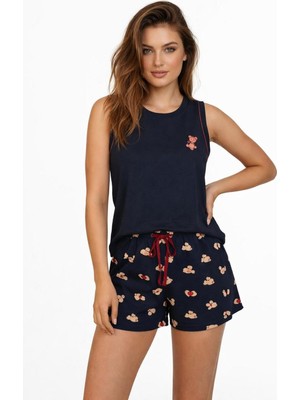 Gamzeli Renklerim Mihra Lacivert Ayıcık 90786 - Kolsuz - Şortlu Pijama Takımı