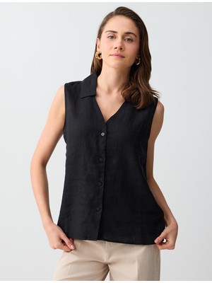 Jimmy Key Siyah %100 Keten Kolsuz Dar Kesim Gömlek