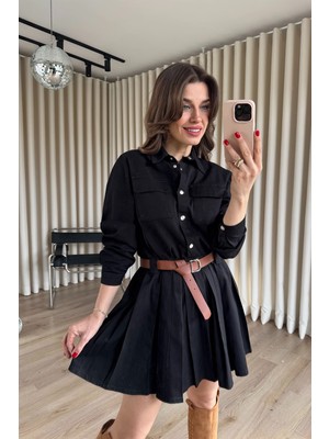 Sue Store Siyah Çıtçıtlı Eteği Pileli Kemerli Gabardin Gömlek Elbise