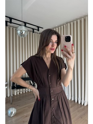 Sue Store Kahverengi Gold Düğmeli Pileli Gömlek Elbise