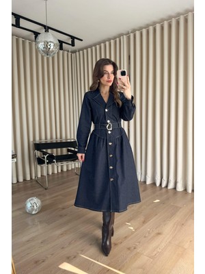 Sue Store Mavi Dikiş Detaylı Pileli Kemerli Kruvaze Yaka Kot Gömlek Elbise