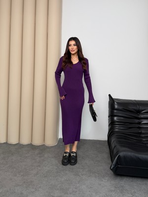 Miramore Butik Fitilli Triko Uzun Elbise V Yaka Kadın Elbise