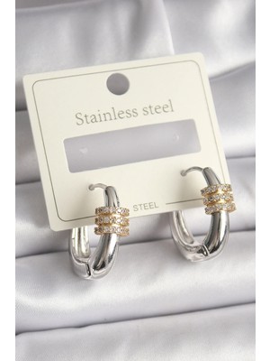 Uslucan Alışveriş 316L Çelik Gümüş Renk Halka Zirkon Gold Zirkon Taşlı Kadın Küpe