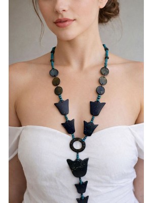 Gülnar Bijuteri Ahşap El Yapımı Uzun Mavi Kolye