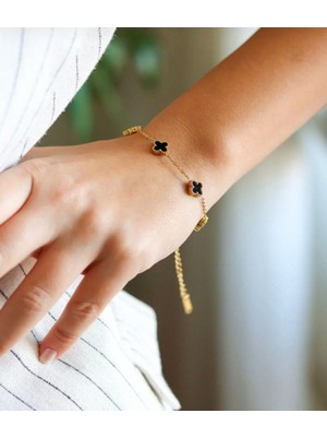 Gülnar Bijuteri Yonca Siyah Renkli Gümüş ve Gold Bileklik