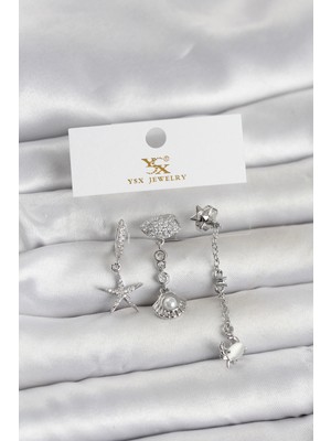 Bucuks Mey Ithalat® Pirinç Gümüş Renk Zirkon Taşlı Deniz Temalı 3'lü Kadın Küpe