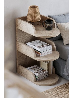 Gold Falez Komodin Modern Ahşap 3 Katlı Raflı Yan Sehpa Çok Amaçlı Organizer Kitaplık 183 Traverten