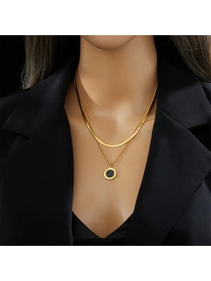 Blue Cat Bijouterie Siyah Reçine Içeren Altın Paslanmaz Çelik Kolye