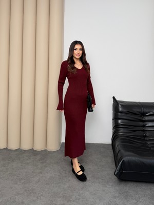 Miramore Butik Fitilli Triko Uzun Elbise V Yaka Kadın Elbise