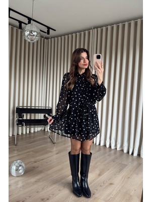 Sue Store Siyah Puantiyeli Astarlı Kısa Şifon Elbise