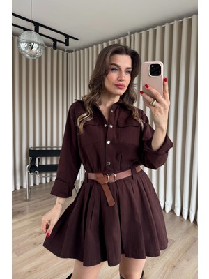 Sue Store Acı Kahve Çıtçıtlı Eteği Pileli Kemerli Gabardin Gömlek Elbise