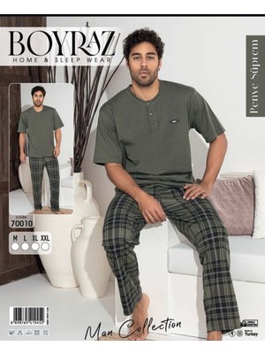 Gamzeli Renklerim Boyraz Kısa Kollu - Alt Uzun Erkek Pijama Takımı Penye %100 Pamuk Ekoseli