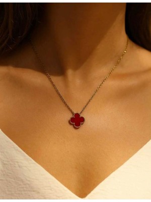 Gülnar Bijuteri Bordo Tek Yoncalı Kolye Gümüş 316L Paslanmaz Kararmaz Çelik