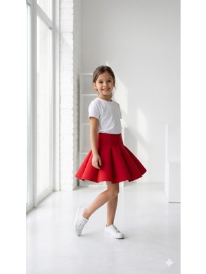 HaanBebe Kız Çocuk Scuba Kumaş Pileli Kloş Siyah Etek - Kırmızı Etek -Beyaz Etek Okul ve Özel Gün Eteği