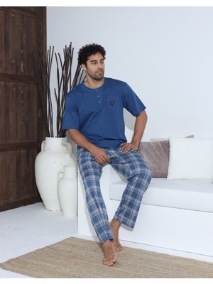 Gamzeli Renklerim Boyraz Kısa Kollu - Alt Uzun Erkek Pijama Takımı Penye %100 Pamuk Ekoseli