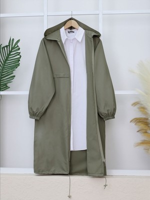 Modamorfo Boydan Fermuarlı Kapşonlu Uzun Yağmurluk -Haki