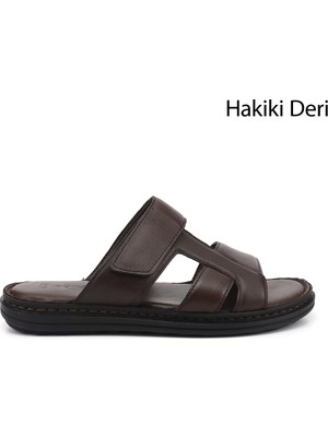 Gönderi(r) Erkek Kahverengi  Cırt Bantlı Hakiki Deri Terlik