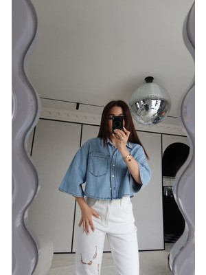 Özge Özgenç Geniş Kol Crop Denim Gömlek