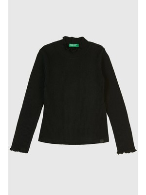 United Colors Of Benetton Siyah Kadın / Kız Kj_logo Etiketli Fırfır Detaylı Bebe Yaka Uzun Kollu T-Shirt Model Kodu: 381PC10RC100