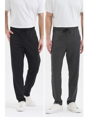Mmetalic Erkek Siyah-Antrasit Fermuar Cepli Dalgıç Kumaş Düz Paça Rahat Pamuklu Jogger 2'li Eşofman Altı