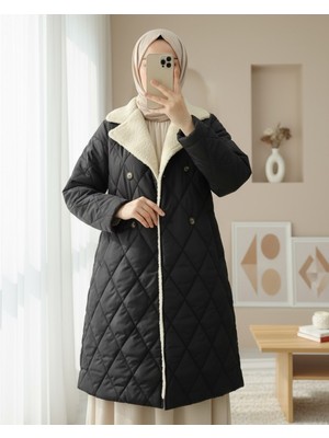 Modamorfo Yakası Kuzu Peluş Detaylı Detaylı Beli Bağcıklı Mont  -Siyah