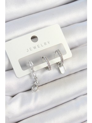 Krm Pirinç Zirkon Taşlı Sallantılı Model Gümüş Renk 3'lü Çift Kadın Küpe Set Krm