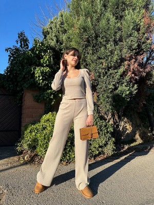 Trend Movira Fitilli Prenses Kol Alt Üst Takım Bej