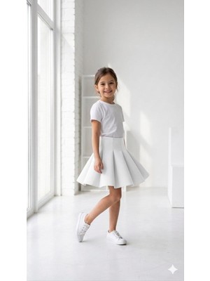 HaanBebe Kız Çocuk Scuba Kumaş Pileli Kloş Siyah Etek - Kırmızı Etek -Beyaz Etek Okul ve Özel Gün Eteği