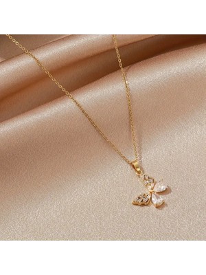 Blue Cat Bijouterie Paslanmaz Çelik Taşlı Kelebek Kolye