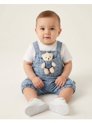 Ege Bebek Erkek Bebek Yazlık Ayıcık Aksesuarlı Kot Salopet ve Beyaz T-Shirtlü 2'li Şık Takım 3-6-9-12 Ay