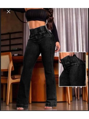 Butik Kadın Yüksek Bel Yanları Lastikli Ispanyol Paça Jean Pantolon