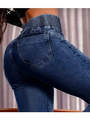 Butik Kadın Yüksek Bel Yanları Lastikli Ispanyol Paça Jean Pantolon