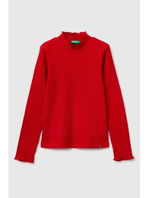 United Colors Of Benetton Kırmızı Kadın / Kız Kj_logo Etiketli Fırfır Detaylı Bebe Yaka Uzun Kollu T-Shirt Model Kodu: 381PC10RC29M