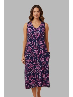 Remsa Kadın Sıfır Kol Viskon Elbise Pijama 25235-3 Koyu Lacivert