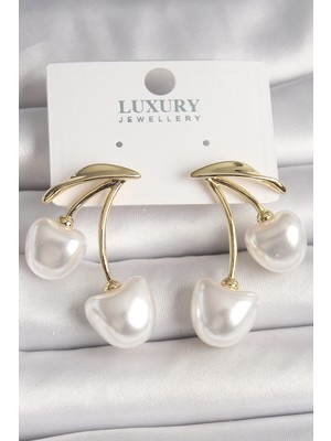 Krm Pirinç Gold Renk Beyaz Inci Kiraz Model Kadın Küpe Krm