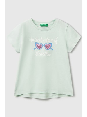 United Colors Of Benetton Su Yeşili Kadın / Kız Kk_simli Benetton Logo Baskılı T-Shirt Model Kodu: 3I1XG10JBSU Yeşili