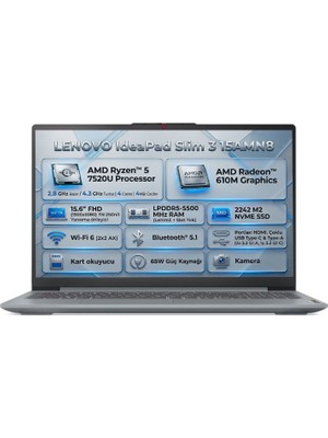 Lenovo Ideapad Slim 3 15AMN8 Amd Ryzen 5 7520U 8gb 512GB SSD 15.6" Fhd Windows 11 Pro Laptop, Notebook 82XQ00RWTX 002
