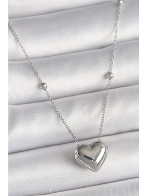 Krm 316L Çelik Gümüş Renk Topçuk Detay Zincir Kalp Model Kadın Kolye Krm