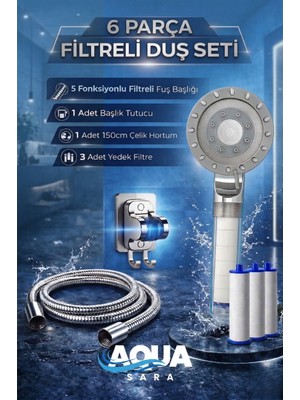 Aqua Sara 6 Parça Yüksek Basınçlı Filtreli Duş Başlığı Seti | 5 Modlu, 3 Yedek Filtreli, Hortum ve Duş Başlığı Tutucu