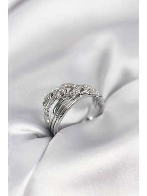 Krm Gümüş Renk Zirkon Taşlı Zincir Model Kadın Yüzük Krm