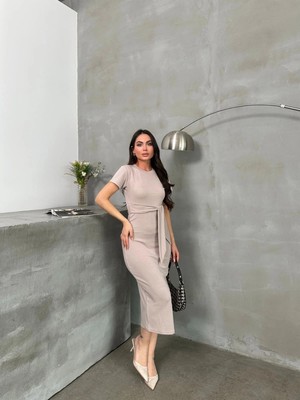 Trend Movira Kuşaklı Mdl Esnek Kumaşlı Elbise Bej Pt