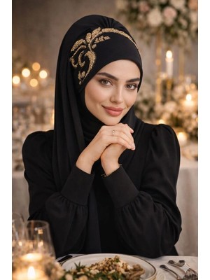Aişe Tesettür Siyah Gold Motif Simli Abiye Şal