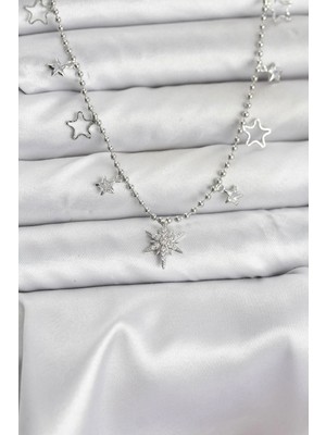 Krm Pirinç Gümüş Renk Zirkon Taşlı Kutup Yıldızı Model Kadın Kolye Krm