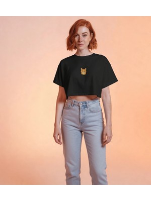Muhtar Store Minimal Sarman Kedi Baskılı Beyaz Crop Tişört Kadın Rahat Kalıp