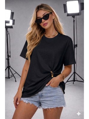 ribana Kadın Bisiklet Yaka Kısa Kollu Gold Yan Toka Detaylı T-Shirt 5035