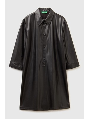 United Colors Of Benetton Siyah Kadın / Kız Kdn_deri Görünümlü Önü Düğmeli Uzun Kollu Elbise Model Kodu: 4M3CDV0BZ100