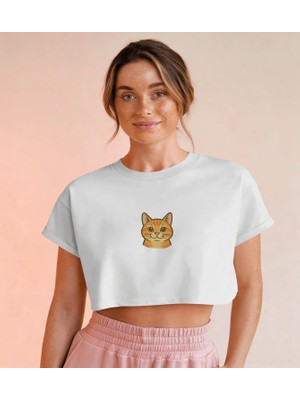 Muhtar Store Minimal Sarman Kedi Baskılı Beyaz Crop Tişört Kadın Rahat Kalıp